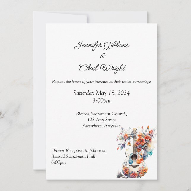 Invitación a la boda de guitarra floral, 5x7" (Anverso)