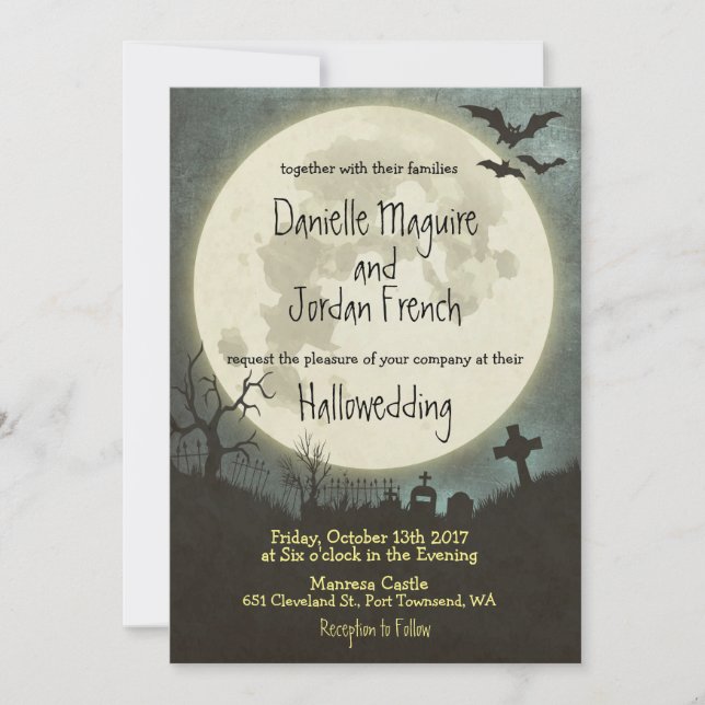 Invitación a la boda de Halloween con luna, cement (Anverso)