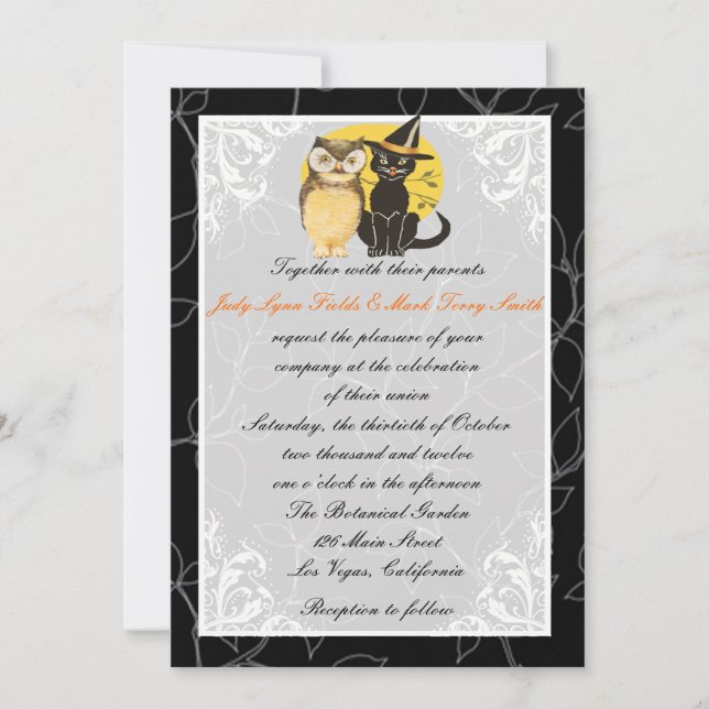 Invitación a la boda de Halloween de Cat & Owl (Anverso)