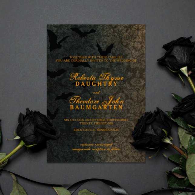 Invitación a la boda de Halloween de Dark Damask (Dark Damask pattern with subtle bats and orange text, gothic victorian wedding invitation)
