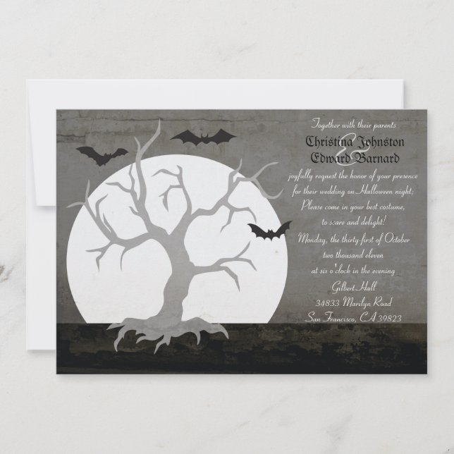 Invitación a la boda de Halloween de Luna y Bats (Anverso)