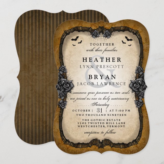 Invitación a la boda de Halloween de Rosas góticos (Anverso / Reverso)