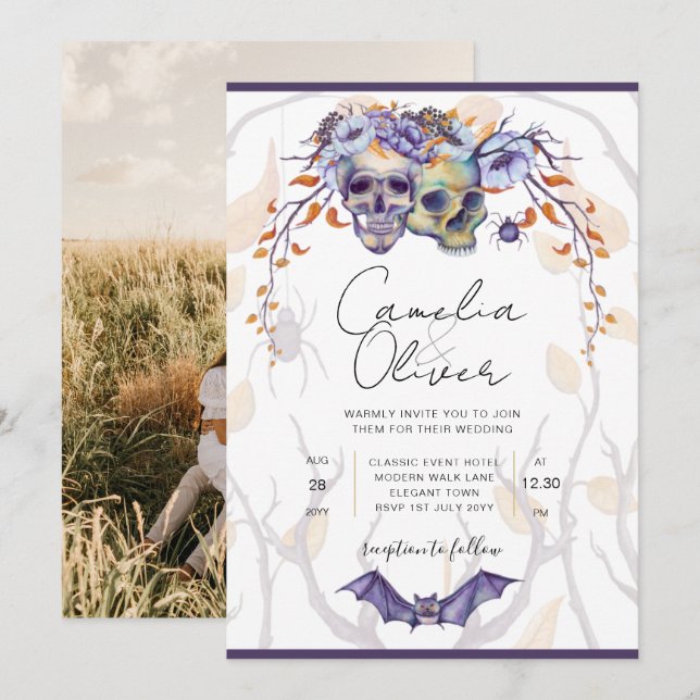 Invitación a la boda de Halloween Skulls góticos P (Anverso / Reverso)