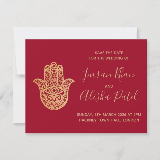 Invitación a la boda de hamsa Henna Gold Red Desi (Anverso)