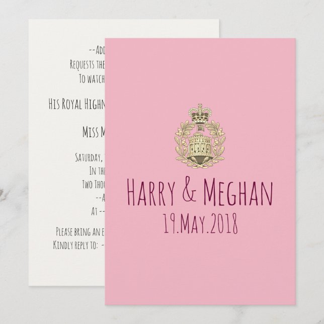 Invitación a la boda de Harry y Meghan de la reale (Anverso / Reverso)