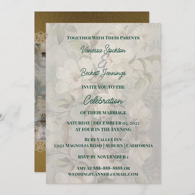 Invitación a la boda de Heirloom White Rose (Anverso / Reverso)