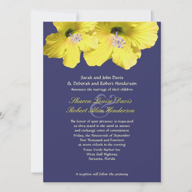 Invitación A La Boda De Hibiscus Amarillo Y Azul (Anverso)