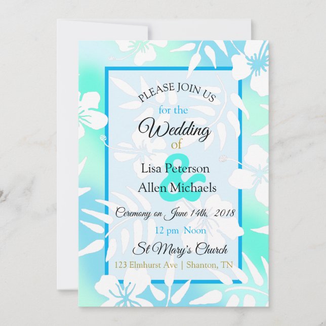 Invitación a la boda de Hibiscus azul y Verde azul (Anverso)