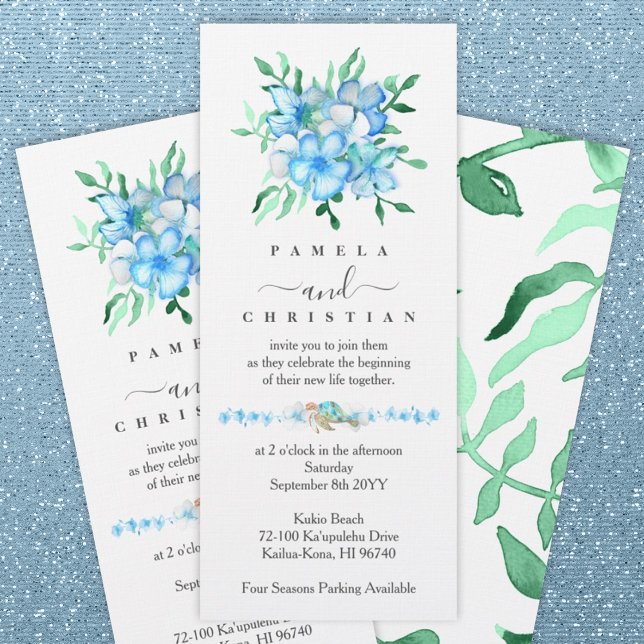 Invitación a la boda de Hibiscus Tropical Azul y B (tropical blue hibiscus wedding bouquet, green leaves, beach wedding, watercolor sea turtle)