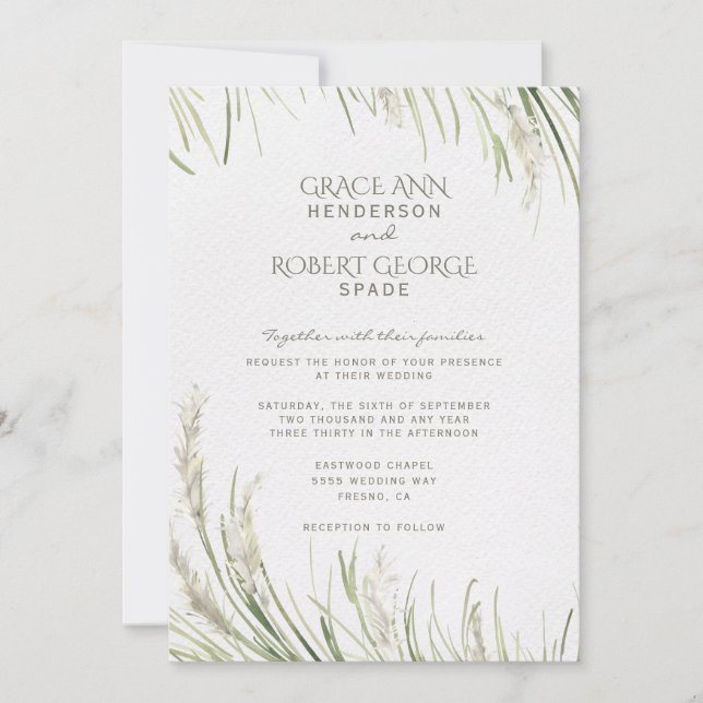 Invitación a la boda de hierba acuarela Pampas (Anverso)