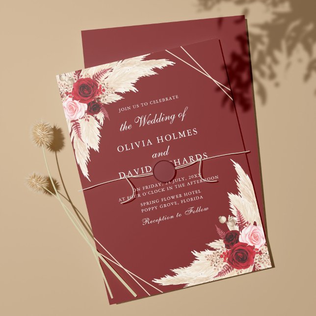 Invitación a la boda de hierba de Borgoña y Pampas (Subido por el creador)