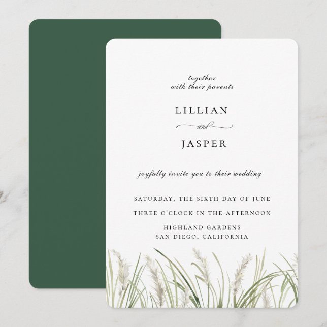 Invitación a la boda de hierba de Pampas Rusticas (Anverso / Reverso)