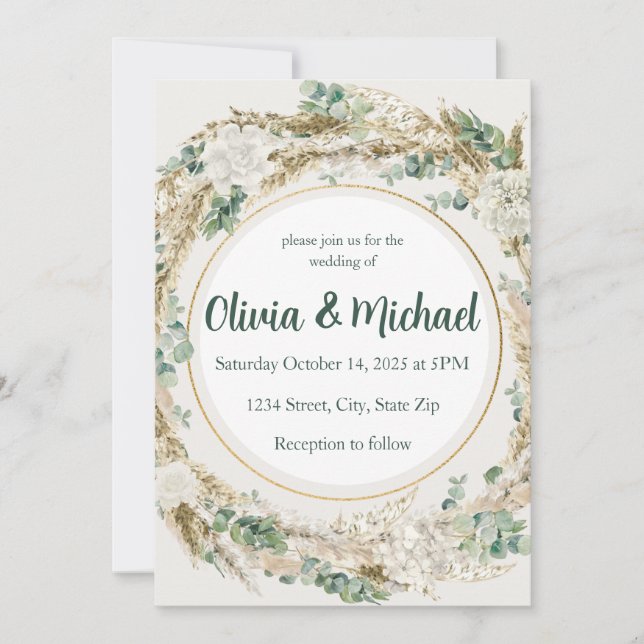 Invitación a la boda de hierba de Sage Pampas | Bo (Anverso)