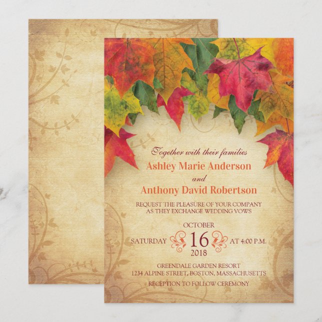 Invitación a la boda de hojas de arce otoño (Anverso / Reverso)