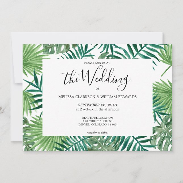 Invitación a la boda de hojas de palma tropicales  (Anverso)
