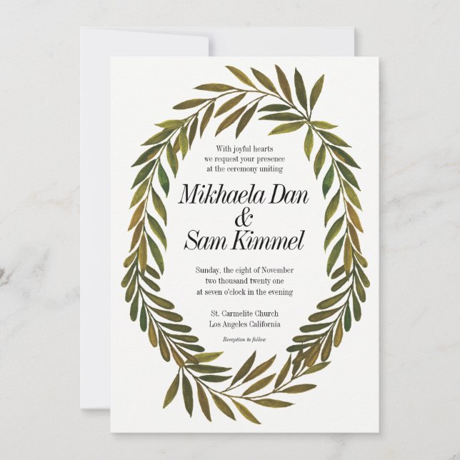 Invitación a la boda de hojas pintadas a mano (Anverso)