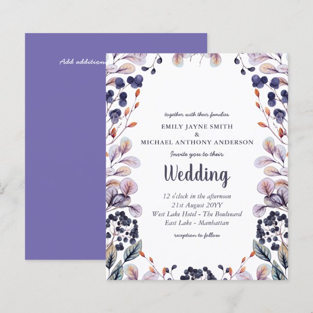 Invitación a la boda de hojas púrpura de lavanda d (Anverso / Reverso)