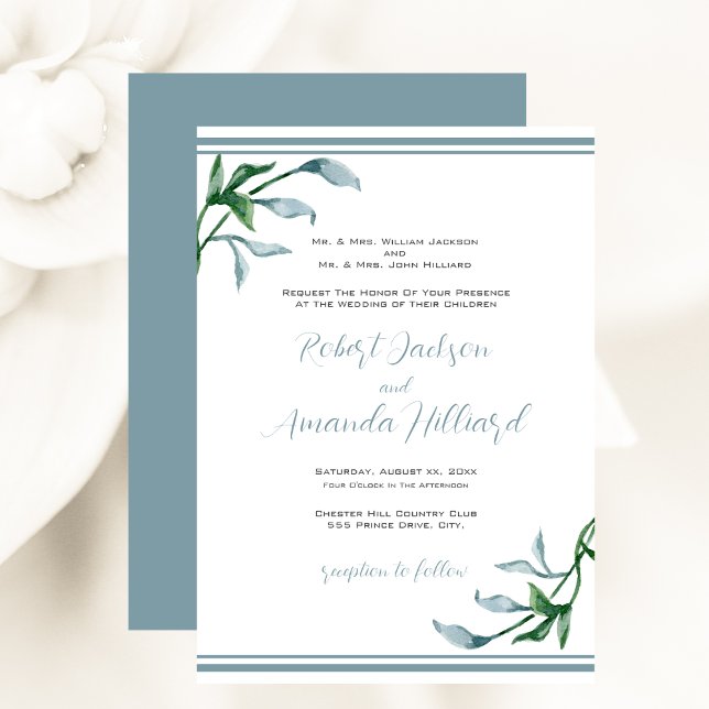 Invitación a la boda de hojas verdes azules de col (Watercolor Blue Green Leaves Wedding Invitation)