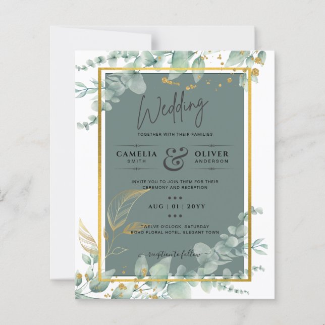 Invitación a la boda de hojas verdes de salvia bot (Anverso)