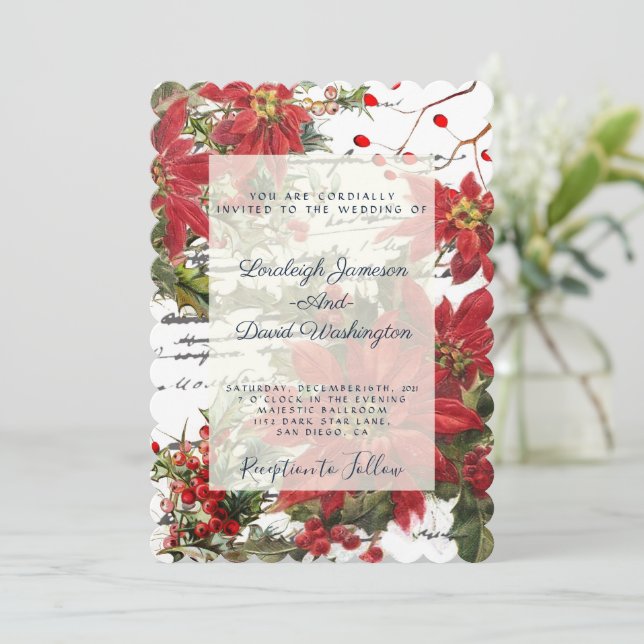 Invitación a la boda de Holly y Poinsettias (Anverso de pie)