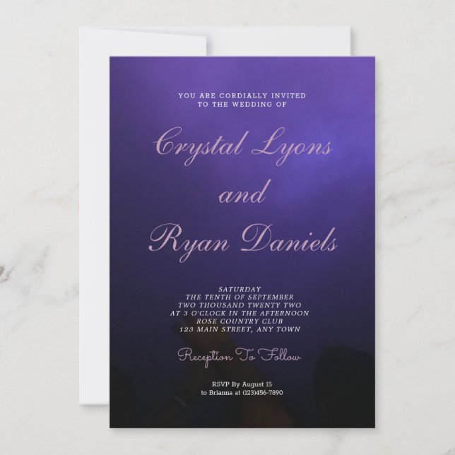 Invitación a la boda de humo negro y morado (Anverso)