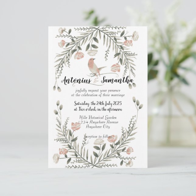 Invitación a la boda de ilustraciones florales y d (Anverso de pie)