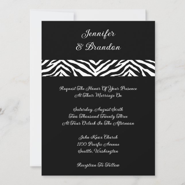 Invitación a la boda de impresión de cebra negra (Anverso)