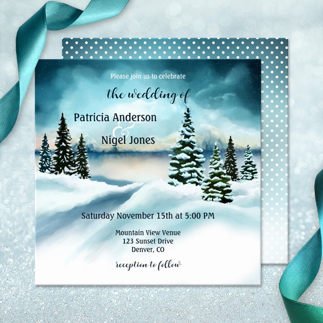 Invitación a la boda de invierno acuarela (Winter wedding invitation with a watercolor winter wonderland  scene with snow capped pine trees)