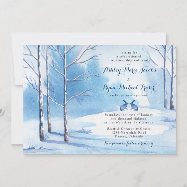 Invitación a la boda de invierno acuarela Árboles  (Anverso)