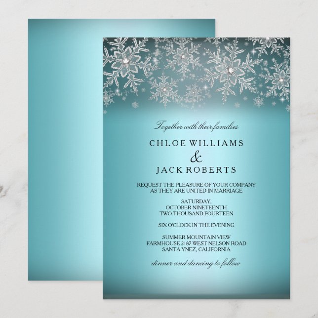 Invitación a la boda de invierno azul Crystal Snow (Anverso / Reverso)