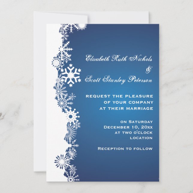 Invitación a la boda de invierno blanco y azul con (Anverso)