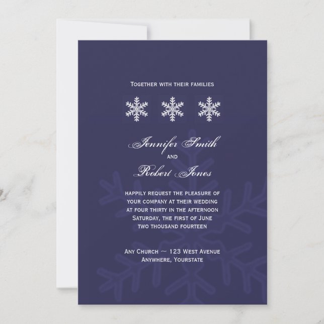 Invitación a la boda de invierno con copos de niev (Anverso)