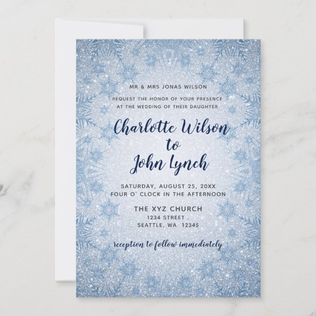 Invitación a la boda de invierno con copos de niev (Anverso)