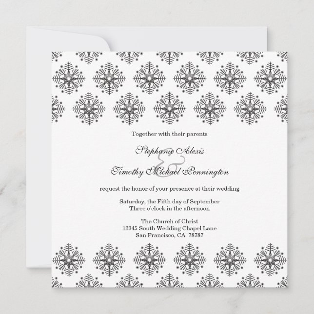Invitación a la boda de invierno con copos de niev (Anverso)
