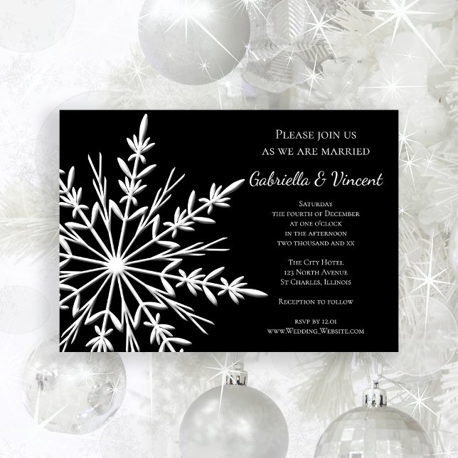 Invitación a la boda de invierno con el copo de ni (Invite guests to your wintery marriage with the Black White Snowflake Winter Wedding Invitation.)