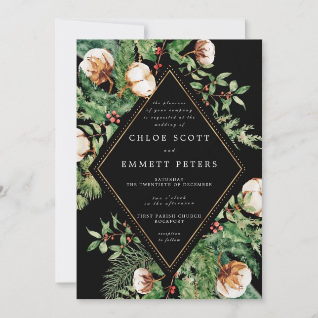 Invitación a la Boda de Invierno con Floral de Pin (Anverso)
