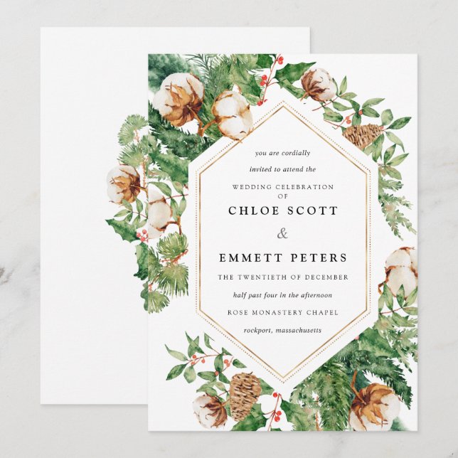 Invitación a la Boda de Invierno con Floral de Pin (Anverso / Reverso)