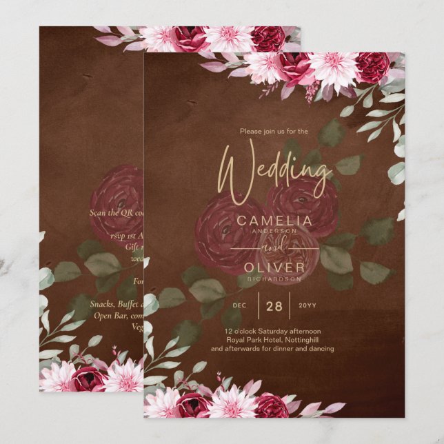 Invitación a la boda de invierno con flores de bor (Anverso / Reverso)