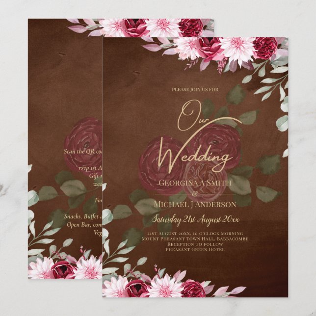 Invitación a la boda de invierno con flores de bor (Anverso / Reverso)
