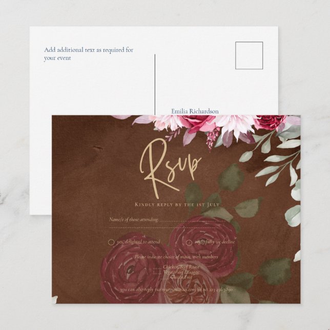 Invitación a la boda de invierno con flores de bor (Anverso / Reverso)