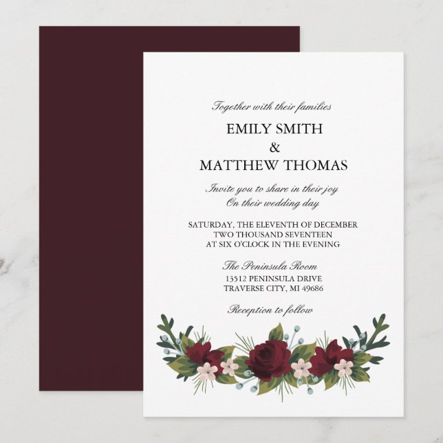 Invitación a la boda de invierno con flores de Mar (Anverso / Reverso)