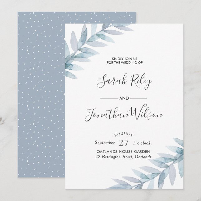 Invitación a la boda de invierno de Blue Leaves (Anverso / Reverso)