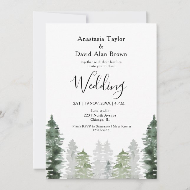 Invitación a la boda de invierno de Green Pines Mo (Anverso)