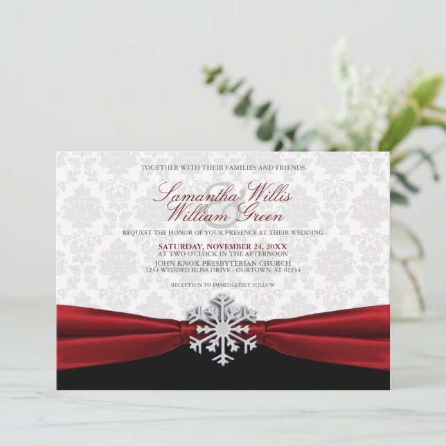Invitación a la boda de invierno de la cinta roja (Anverso de pie)