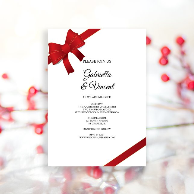 Invitación a la boda de invierno de los arcos rojo (Invite guests to your wintery marriage with the festive Red Bows Winter Wedding Invitation.)