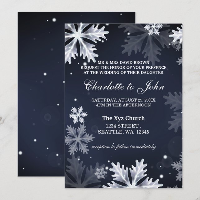 Invitación a la boda de invierno de Navy Blue con  (Anverso / Reverso)