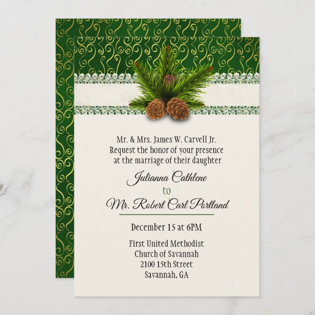 Invitación a la boda de invierno de Pine Cones (Anverso / Reverso)