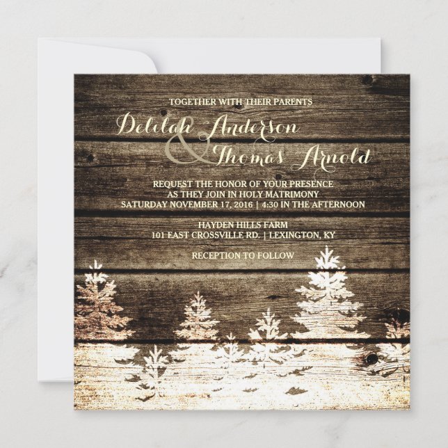 Invitación a la boda de invierno de pinos de mader (Anverso)