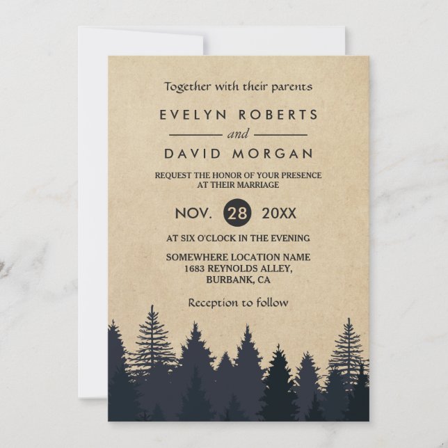 Invitación a la boda de invierno de Pinos Rústicos (Anverso)