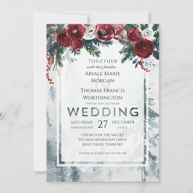 Invitación a la boda de invierno de Rosas de la mo (Anverso)